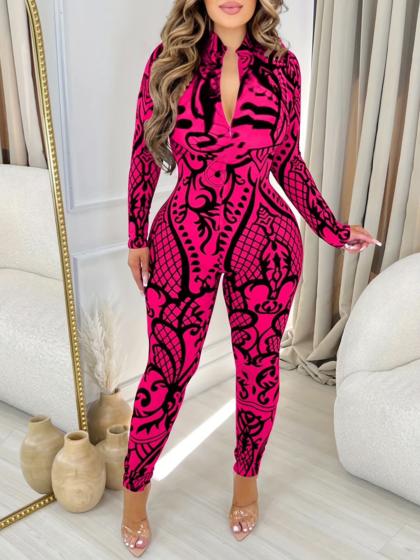 Women's Sexy V-Neck Geometric Pattern Unitard Jumpsuit - Polyester and Spandex Knit Fabric, Spring/Fall Season, Zippered Front without Belt - For Fashionable Women - Perfect for Parties & Night Out
